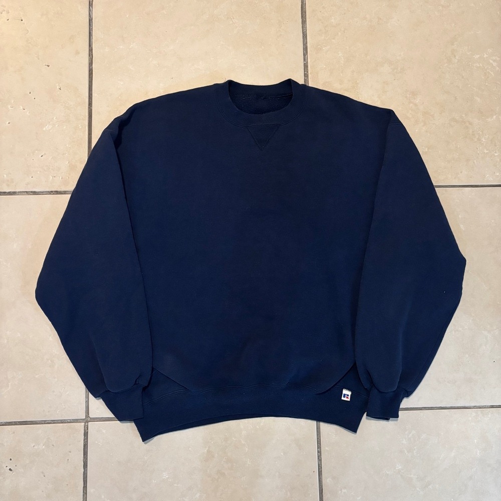 Russell Athletic Mens Navy Blue Crewneck Sweatshirt V-Stitch Pullover XL